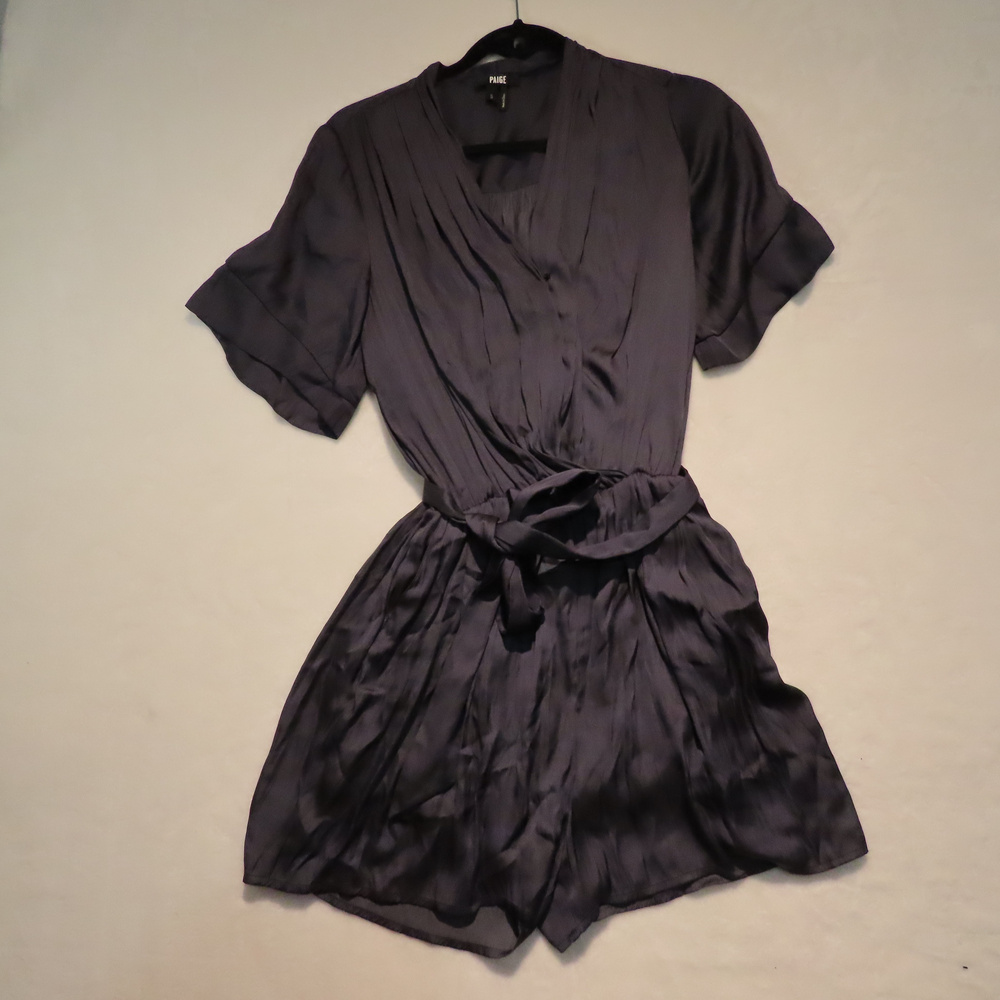Paige Silk Romper Jumpsuit Black Short Sleeve Tie Waist Size S